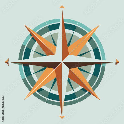 Compass rose in flat geometric style with teal and orange