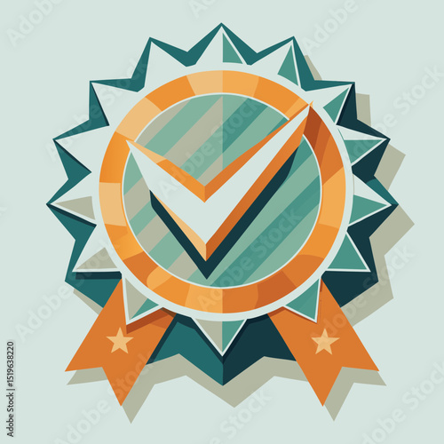 Award badge with check mark and ribbons in flat style