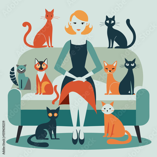Woman sitting with many cats in flat vector style