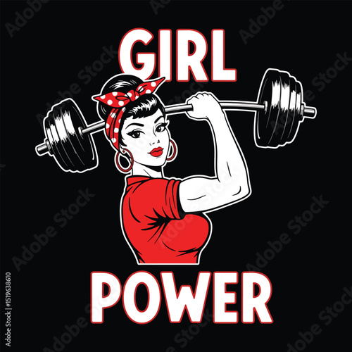 Strong woman lifting barbell representing girl power strength and fitness concept in vector