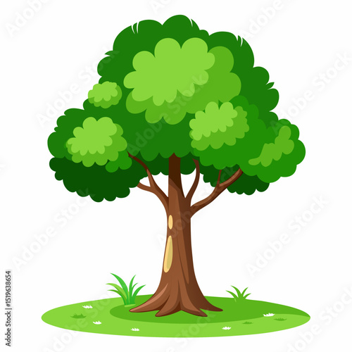 Cartoon illustration of a healthy green tree with lush foliage and grassy area.