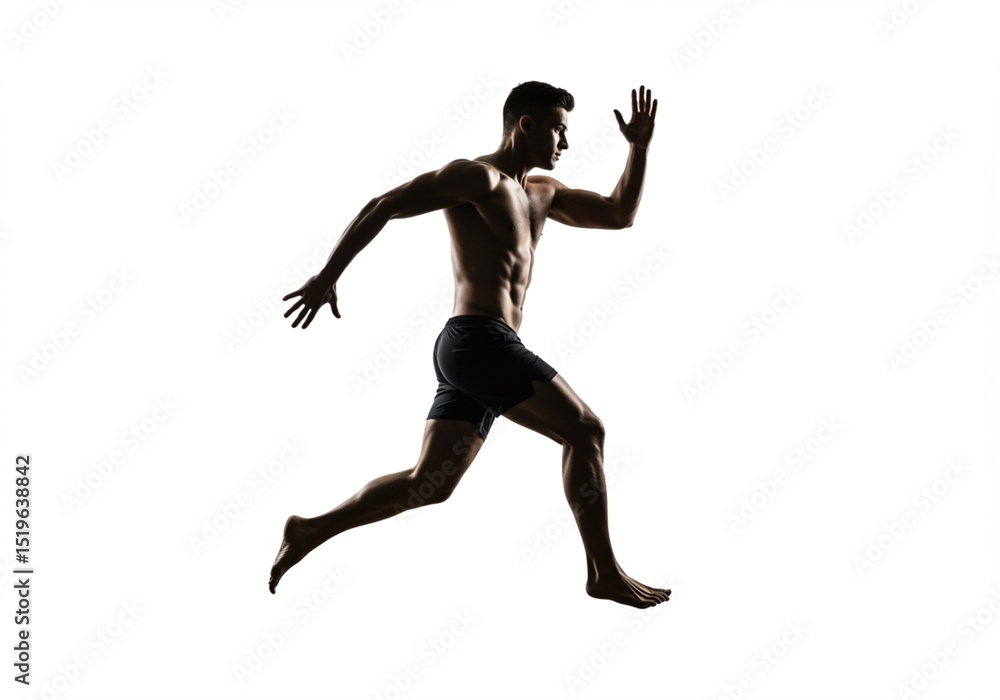 Silhouette of a muscular man running with bare torso against a white bright background studio shot Silhouette of a muscular man running with bare torso against a white bright background studio shot