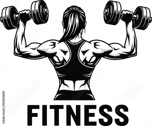 Strong woman lifting dumbbells rear view fitness logo for health and exercise branding