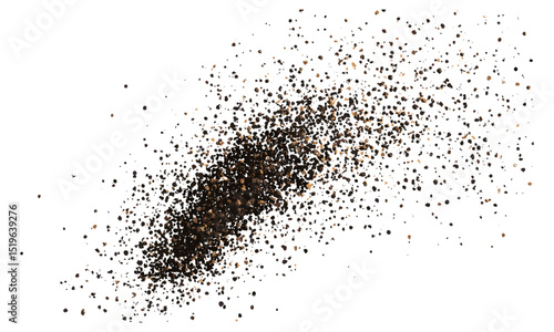 Scattered black ground pepper, spice flying isolated on white background, cooking flavor, culinary herb, seasoning texture, clipping path, vector illustration.