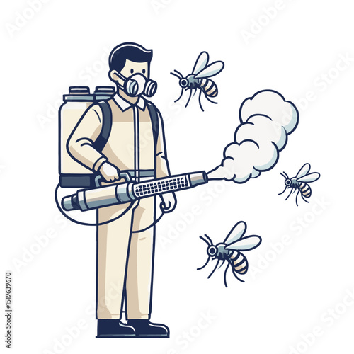 Beekeeper in Protective Suit Fogging Pest Infestation with Spray on White Background
