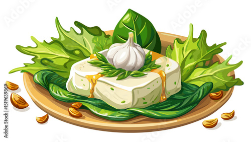 Creamy feta cheese with wilted spinach and garlic over olive oil base, captured on white in crisp close-up, highlighting the Mediterranean balance of salty, green, and tangy elements.