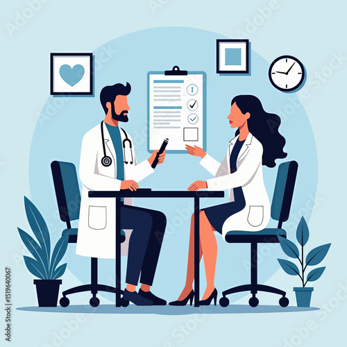Illustrate professional medical consultations with two doctors discussing a clipboard, perfect for healthcare services, patient education, clinical discussions, or promoting collaborative and compassi