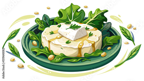 Creamy feta cheese with wilted spinach and garlic over olive oil base, captured on white in crisp close-up, highlighting the Mediterranean balance of salty, green, and tangy elements.