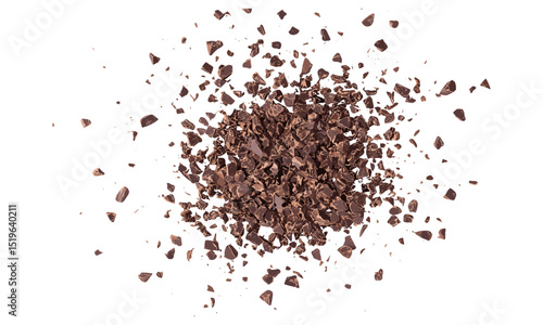 Flying chopped cocoa, milled chocolate pieces pile isolated on white, top view, vector illustration, dessert elements, gourmet sweet, confectionery cutout, dark chocolate chunks.