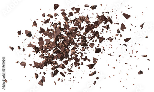 Top view of chopped chocolate, flying pile of milled dark cocoa, isolated white background, vector illustration, cutout dessert, sweet snack ingredients, artisan chocolate chunks.
