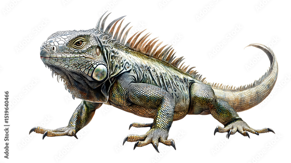 Obraz premium Full body image of a green iguana (iguana iguana) on a white background The long body of an iguana and a crest that has a clear sawtooth appearance along the back.