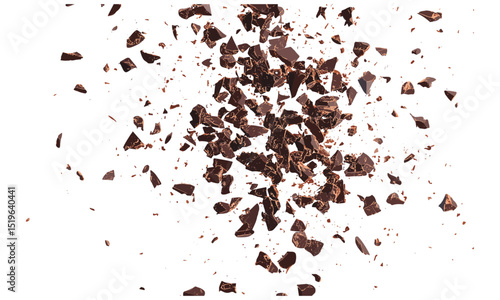 Milled dark chocolate pile, flying chopped pieces, isolated on white background, top view, vector illustration, cocoa chunks, confectionery cutout, dessert topping, gourmet sweet food.