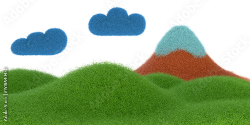 Cartoon landscape with green hills, mountain and clouds from fur or felt material. 3d illustration of cute soft child toy. Realistic creative render element.