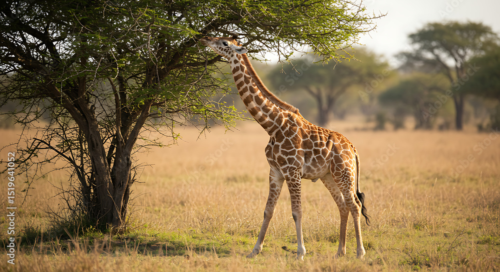 Fototapeta premium A baby giraffe trying to reach tree leaves, stretching its neck clumsily, under bright savannah sunlight.