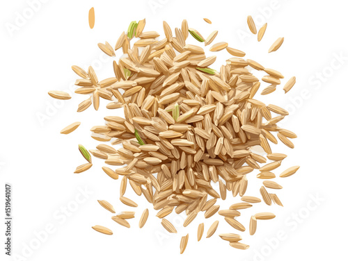 Brown rice uncooked hulled top view isolated on white, vector illustration, organic grain, healthy food, natural ingredient, agriculture crop, cereal seed, raw food product.