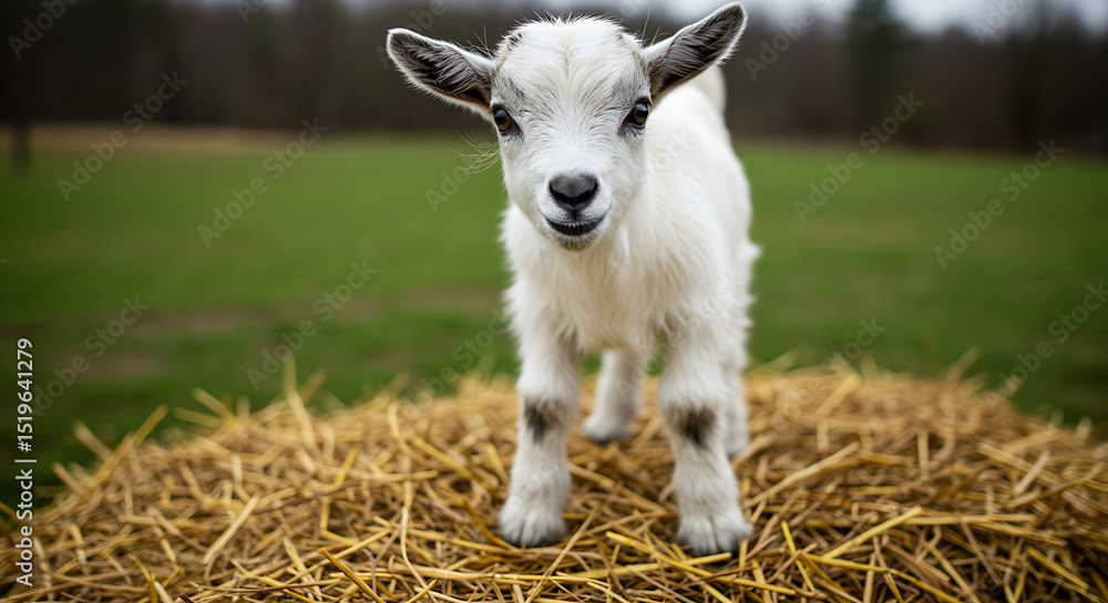 Obraz premium A curious baby goat standing on a haystack, looking into the camera with big eyes.