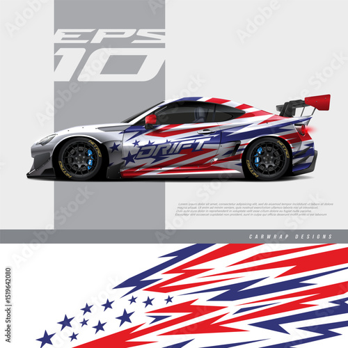 Car wrap decal designs. Abstract American Flag Pattern and sport background for racing livery or daily use car vinyl sticker. Full vector eps 10.
