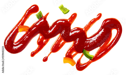 Chipotle salsa flavour sauce with smoked bell pepper, spilled isolated on white, top view, vector illustration, spicy sauce, food ingredient, healthy seasoning, gourmet cooking, BBQ sauce.