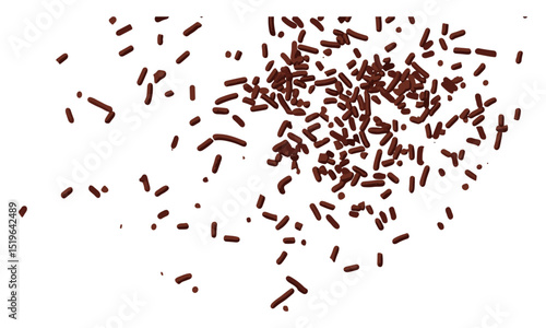 Chocolate sprinkles pile, granules scattered on white, top view, sweet dessert topping, vector illustration, sprinkle decoration, baking ingredients, sugar granules, confectionery, food art.
