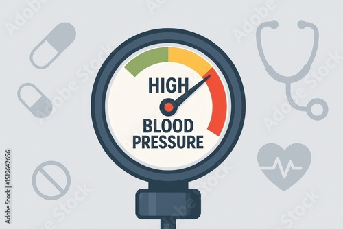 Illustration of blood pressure gauge indicating high blood pressure with medical icons