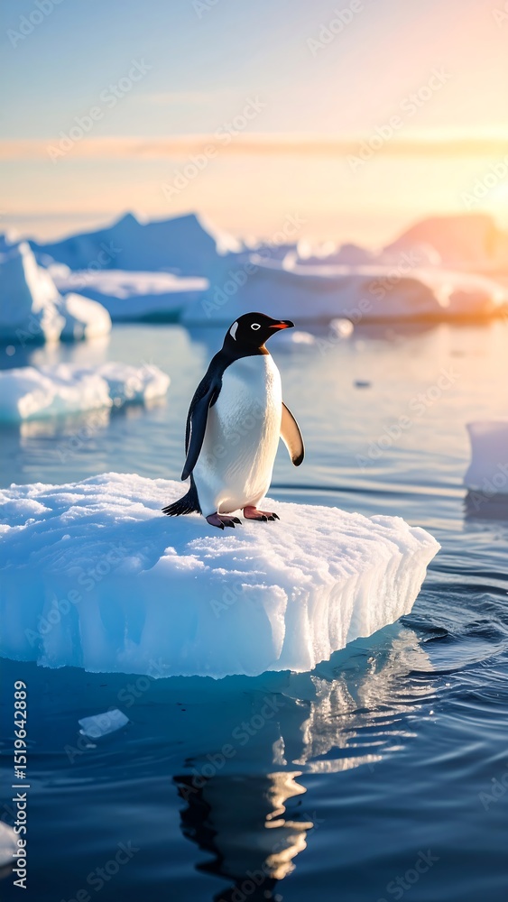 Obraz premium Penguins gathering on a jagged iceberg with strong light and shadow contrast
