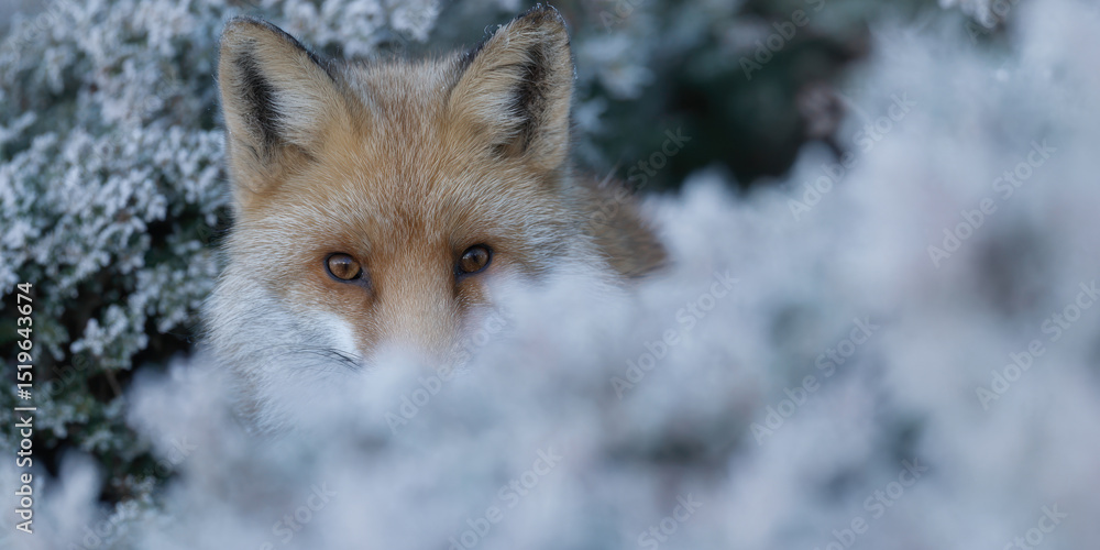 Obraz premium Fox peeks through snow laden bush, its eyes soft and curious