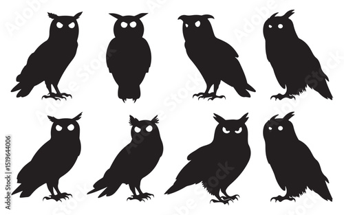 Collection of Owl Silhouettes in Various Poses Nocturnal Bird Illustrations in Black and White Silhouette