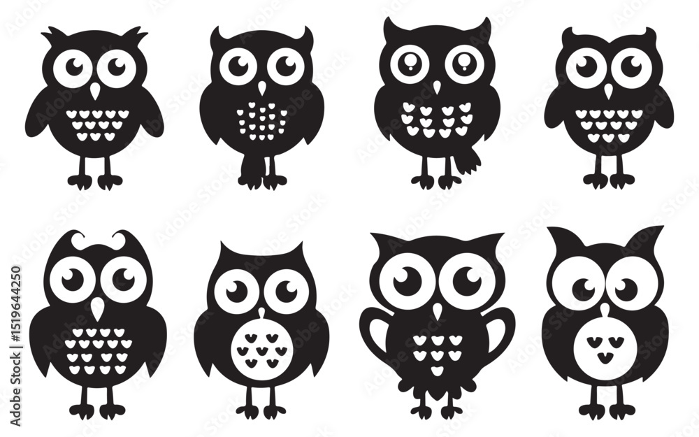 Fototapeta premium Collection of Cute Owl Illustrations in Black and White Featuring a Silhouette Style Perfect for Graphic Design Projects silhouette