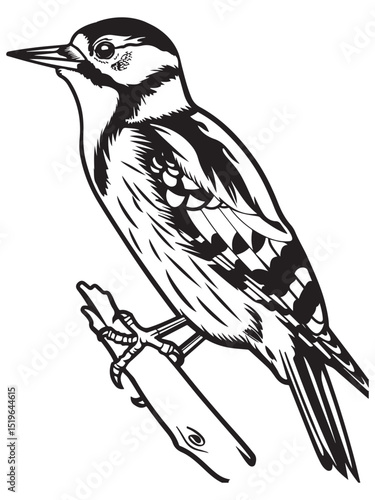 Detailed Woodpecker Illustration Perched on Branch with Intricate Line Work and Black and White Silhouette
