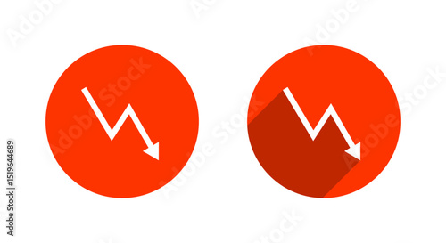 Fall arrow icon with long shadow. Downward trend sign symbol