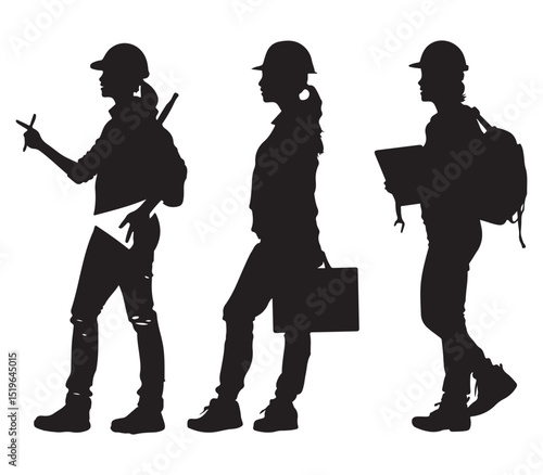 Construction Workers Team Planning with Laptop and Blueprint in Silhouette Style on White Background Silhouette