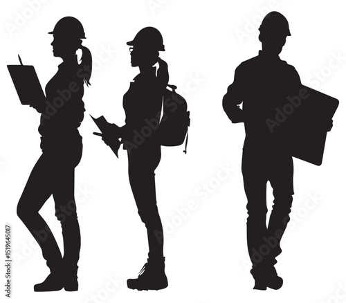Construction Workers Team Planning with Laptop and Blueprint in Silhouette Style on White Background Silhouette