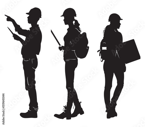 Construction Workers Team Planning with Laptop and Blueprint in Silhouette Style on White Background Silhouette