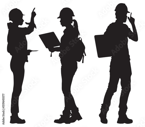 Construction Workers Team Planning with Laptop and Blueprint in Silhouette Style on White Background Silhouette
