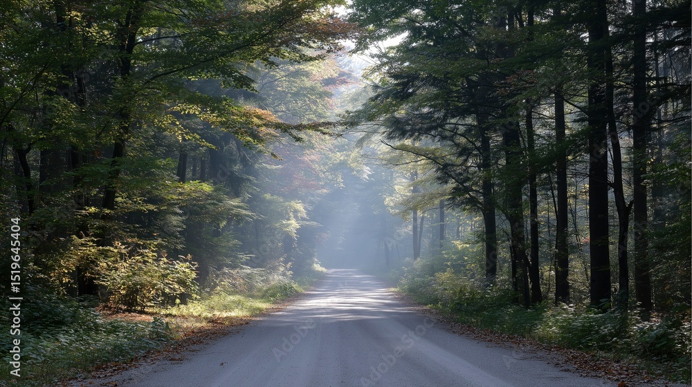 Obraz premium A forked road through autumn woods, misty and serene, symbolizing life's crossroads