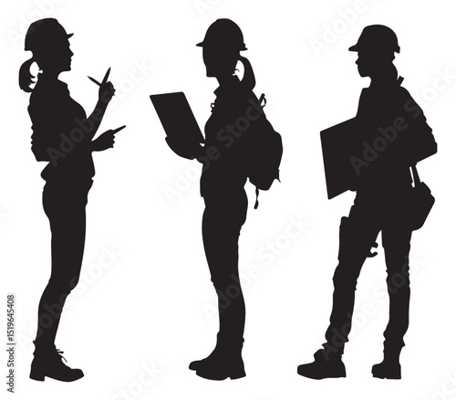 Construction Workers Team Planning with Laptop and Blueprint in Silhouette Style on White Background Silhouette