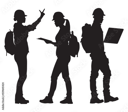 Construction Workers Team Planning with Laptop and Blueprint in Silhouette Style on White Background Silhouette