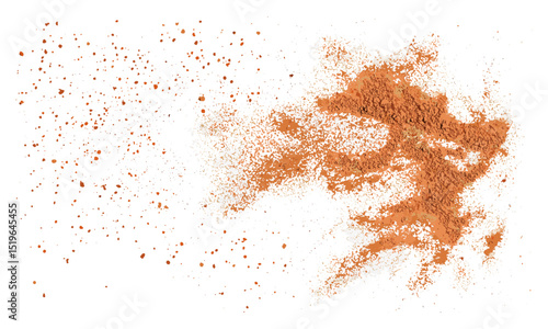 Cinnamon powder flying, isolated on white background, texture, powder falling, spice illustration, cinnamon sticks, aromatic, cooking ingredient, flavor enhancer, vector illustration.