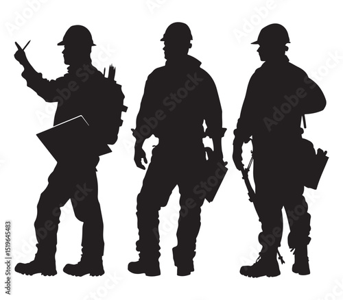 Construction Workers Team Planning with Laptop and Blueprint in Silhouette Style on White Background Silhouette