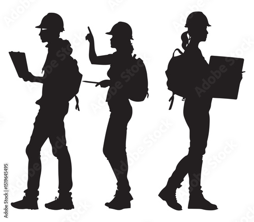 Construction Workers Team Planning with Laptop and Blueprint in Silhouette Style on White Background Silhouette