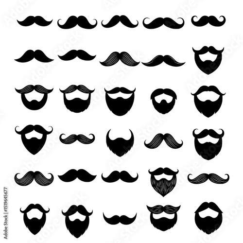 Collection of mustache and beard silhouettes isolated on transparent background