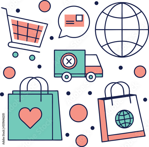 Global online shopping delivery service illustration