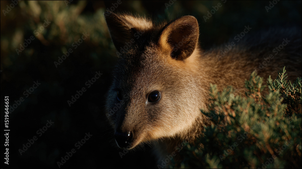 Fototapeta premium Quokka peeks through shadowed brush with light reflecting in its eyes