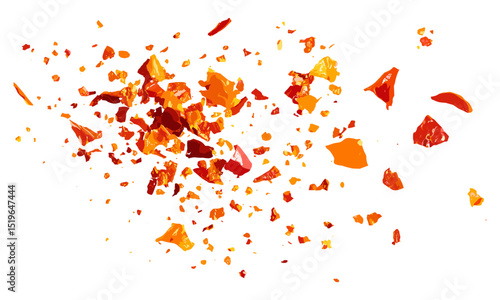 Red chili pepper flakes, dried paprika powder pile, chopped spice, isolated on white, hot chili flakes, vector illustration, cooking ingredients, food spice, culinary powder, spicy seasonings.