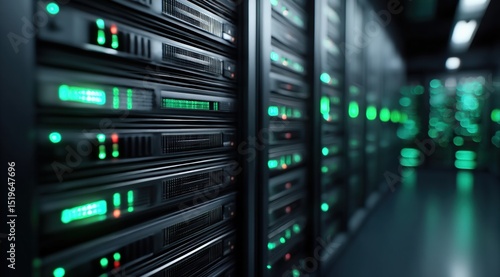Close up view of server racks in a data center with green lights indicating activity and status information
