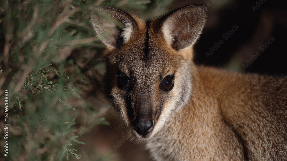 Fototapeta premium Wallaby with bright eyes stands among brush in early light
