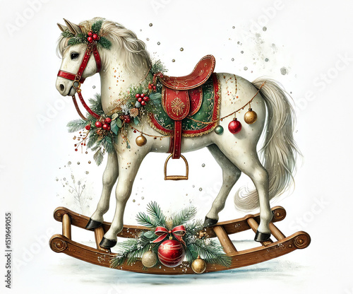 A watercolor-style painting of a vintage rocking horse decorated for Christmas