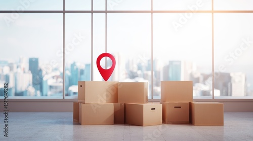 Cardboard boxes are positioned on the floor in a bright, contemporary space featuring large windows. A location pin is visible, indicating a specific place nearby