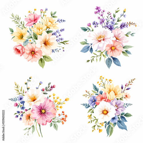 Fresh garden inspired watercolor flowers arranged in balanced decorative bouquets for elegant print projects