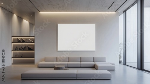 living room interior with clean lines and neutral colors, large blank white frame hanging on a light gray wall, low-profile modular sofa in light gray color, built-in shelves with geometric